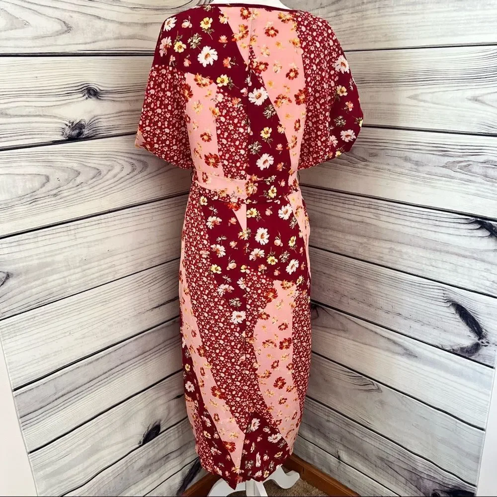 DOWNEAST Pink & Red Patchwork Floral Patterned Short Sleeve Dress Size XS